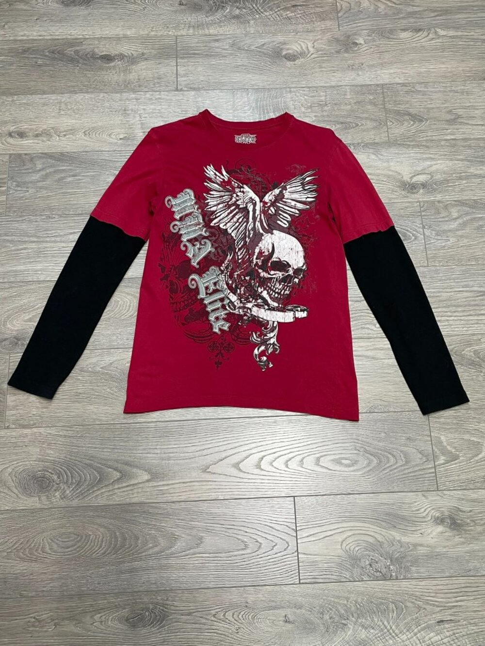 MMA Elite Vintage Skull Graphic Double Sleeve Shirt Red Small Y2K Mall Goth Tech